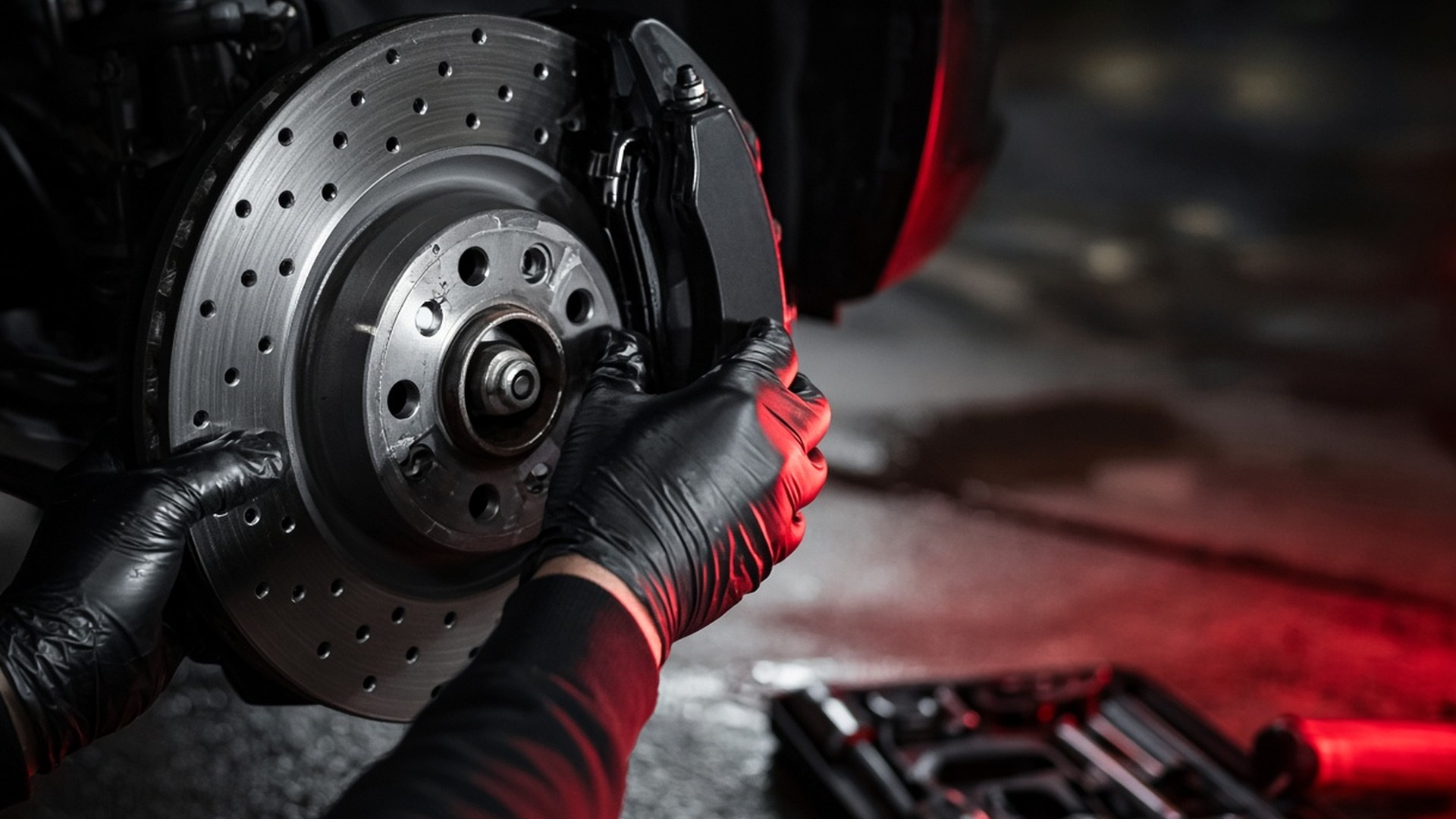 Gloved hands installing a brake rotor in a driveway