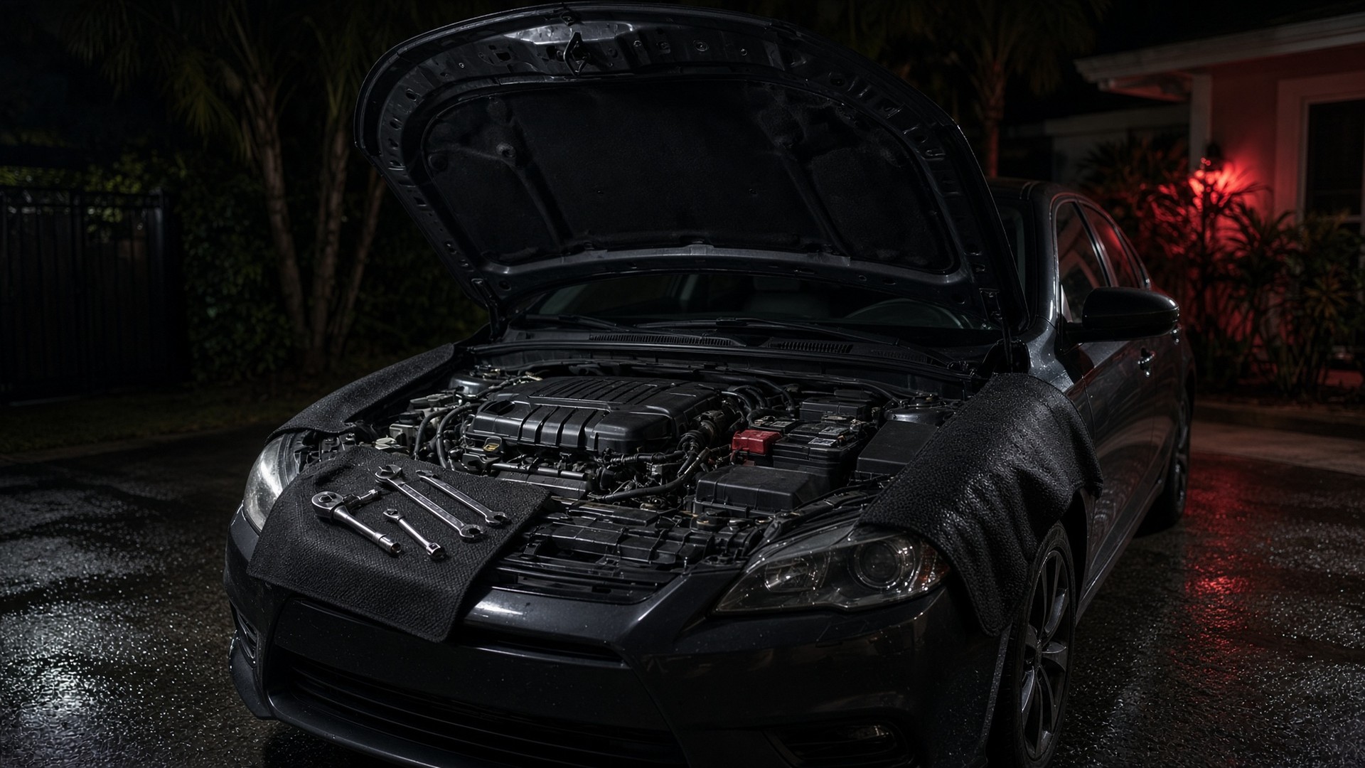 Open hood and engine bay in a driveway at night